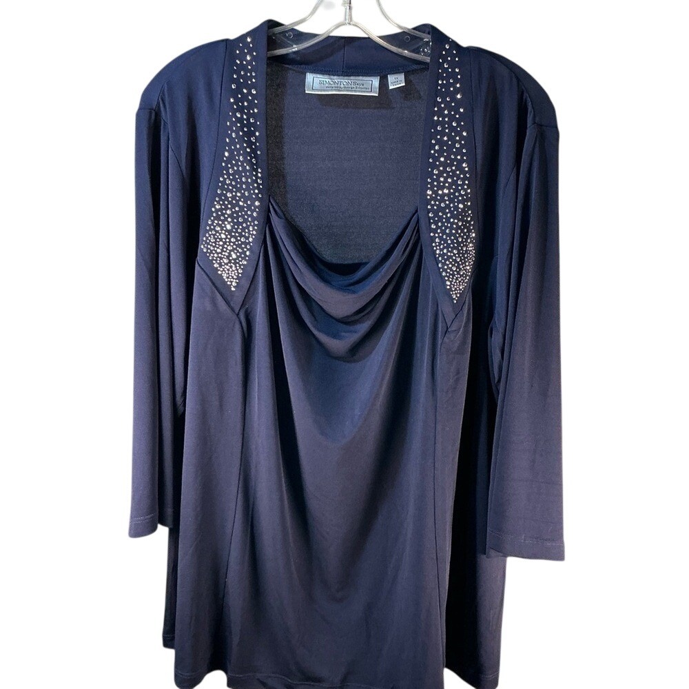 Simonton Says New Women Navy Blue Top 1X Blouse‎ New Embellishments draped front